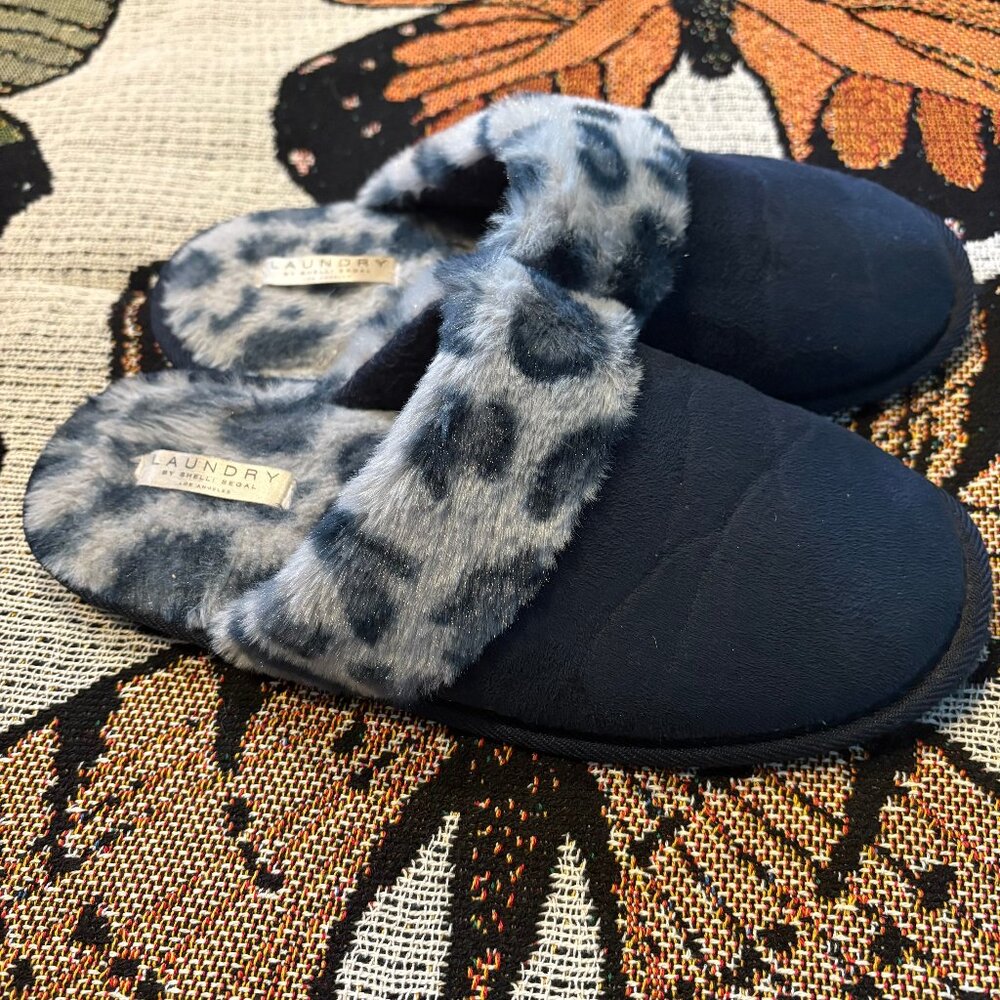 Laundry by Shelli Segal Blue Leopard Print Faux Suede Scuff Slipps Size 9 Comfy